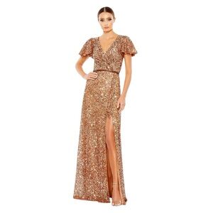 New! Mac Duggal Copper Sequined Wrap‎ Over Butterfly Sleeve Draped Gown Formal